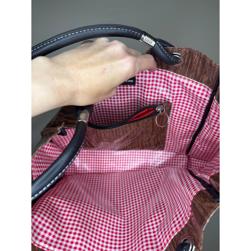 Fleebags Brown‎ Wood Grain Glossy Tote Bag Gingham Lining Shoulder Bag - Picture 3 of 4